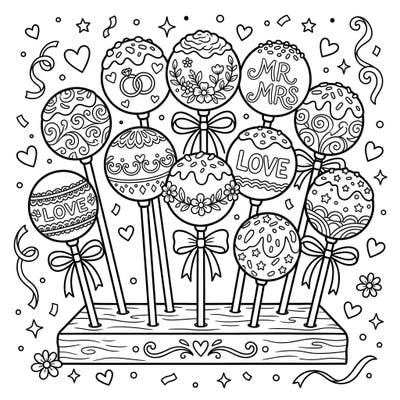 Dive into the sweet world of wedding celebrations with this charming cake pop coloring page. Each treat is beautifully adorned with romantic details, offering a delightful and intricate coloring experience.