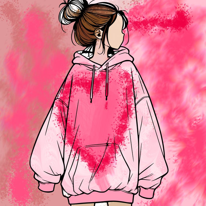 realistic girl with a oversized sweatshirt on and a bun