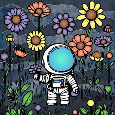 tiny realistic astronaut in a field of flowers