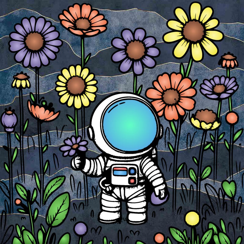 tiny realistic astronaut in a field of flowers