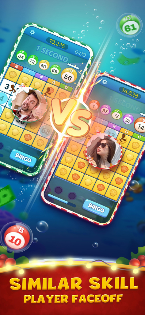 Competición basada en habilidad de Bingo Clash que muestra un enfrentamiento uno contra uno entre dos jugadores
