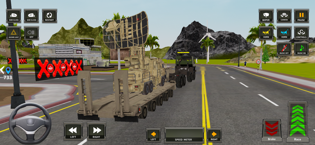 Millitary Cargo Truck Games - Gameplay-Bild eines Militärlastwagens, der ein schweres Radarsystem auf einem Anhänger auf einer Straße transportiert.