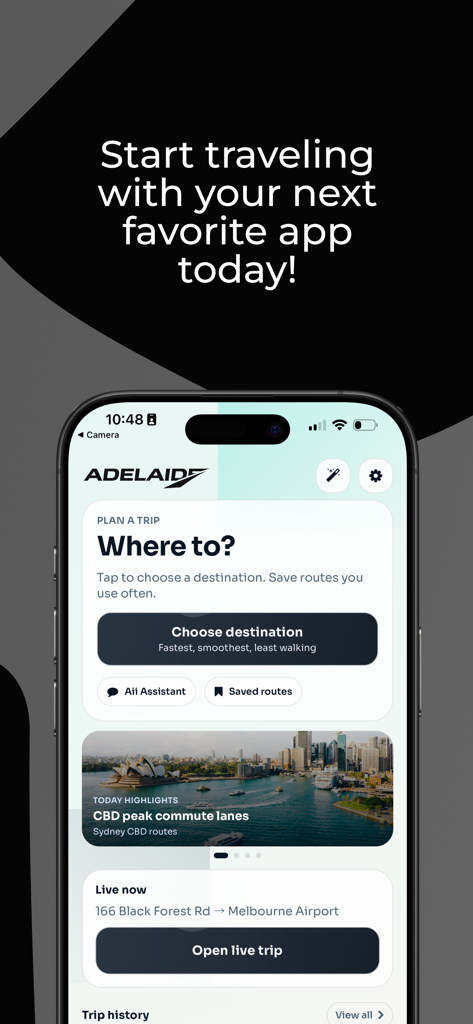 Oberfläche der Adelaide Bus und Train Tracker Mobile App mit Reiseplanungs-Tools und Live-Reise-Updates