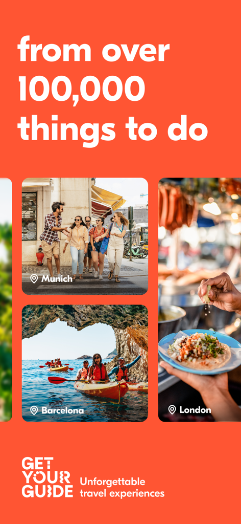 GetYourGuide app promotional screen showcasing over 100,000 travel activities in cities like Munich Barcelona and London