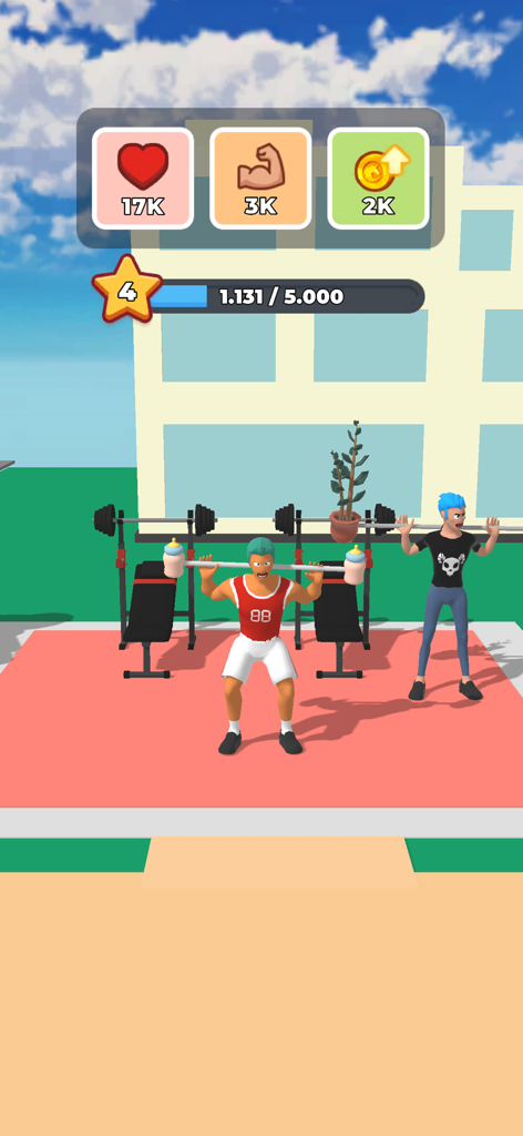 Ein Charakter führt Kniebeugen mit einzigartigen Gewichten in Gym Workout Hero Idle Clicker aus