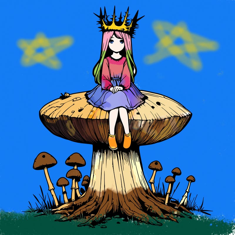 realistic girl sitting on a huge tree stump size toadstool with thorn crown