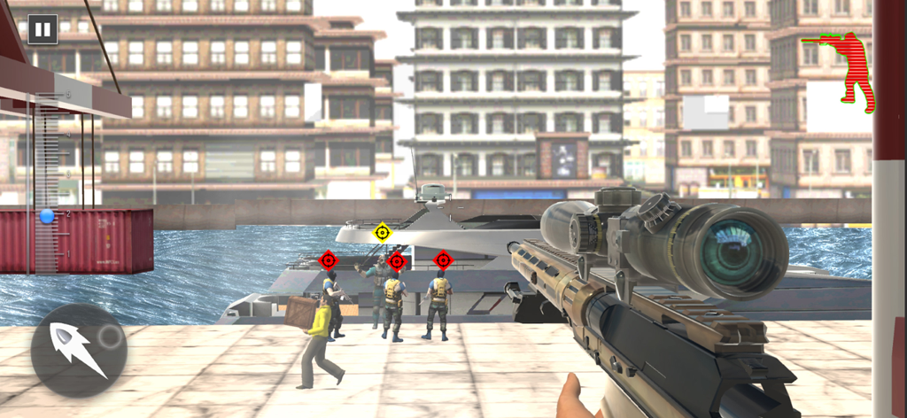 First person view of a sniper aiming at targets on a harbor dock in a 3D shooting game