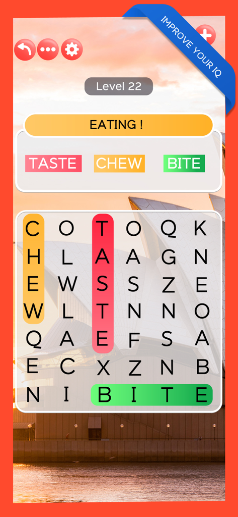 A word search puzzle level in Word Voyage with a Sydney Opera House background.