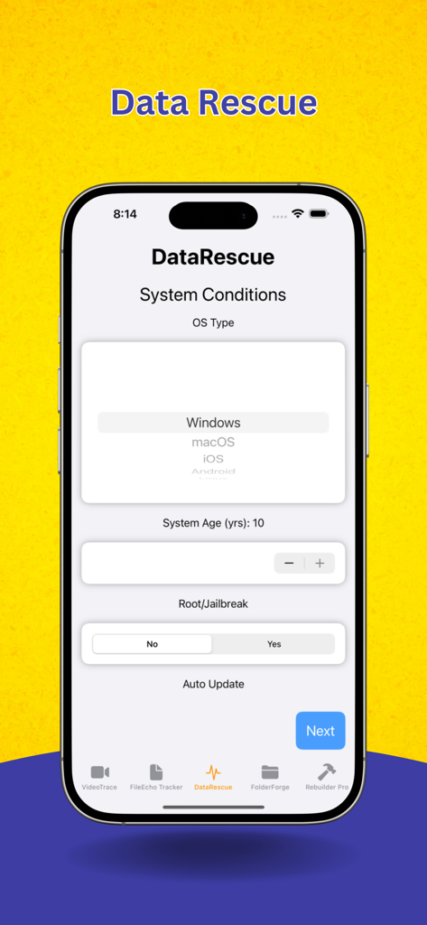 Screenshot of the DataRescue module within the app showing system condition parameters like OS type and system age for data recovery simulation.