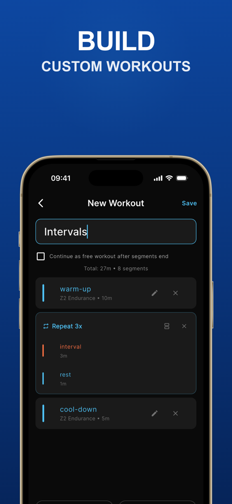 Chest Strap HR Monitor - Strap Zone app interface showing the custom workout builder with intervals and heart rate segments