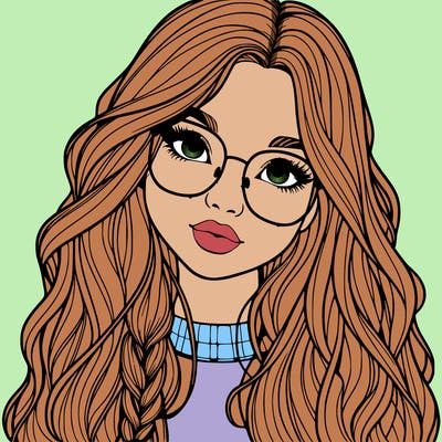 girl with long hair and freckles and glasses realistic