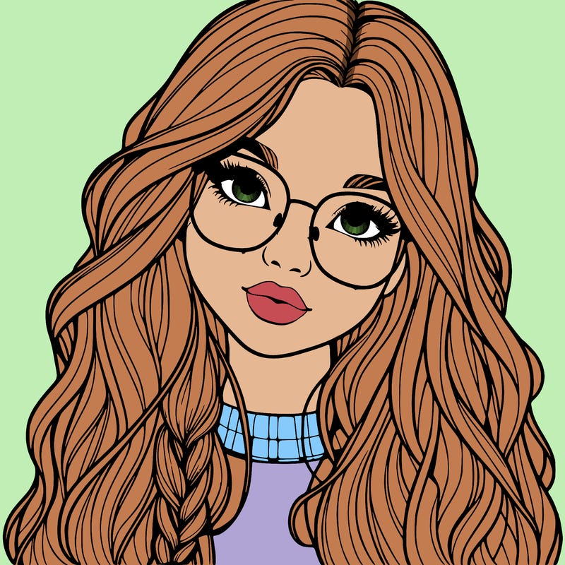 girl with long hair and freckles and glasses realistic