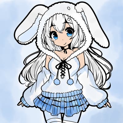 pretty anime girl wearing a fluffy hoodie with bunny ears on the hood and a skirt