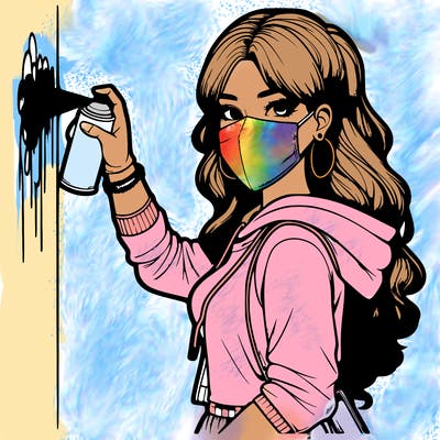 realistic girl with mask spray painting a wall