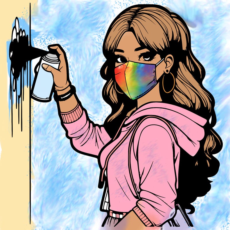 realistic girl with mask spray painting a wall