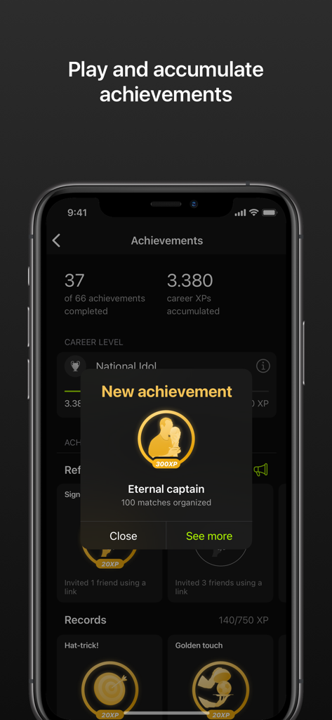 Appito app interface showing soccer player achievements and career XP progress.
