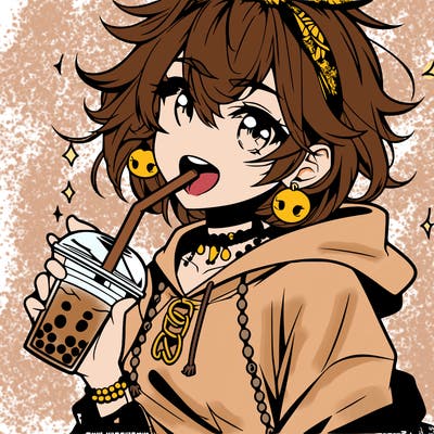 hot baddie anime girl drinking boba and biting the straw