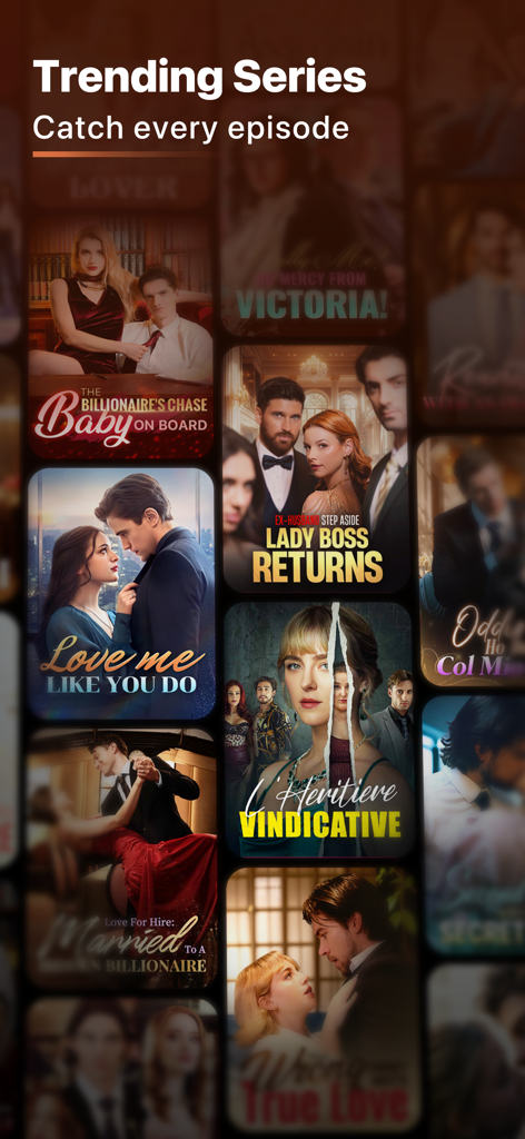 Cuadrícula de pósteres de series de drama cortas de moda que incluyen temas de multimillonarios y romance.