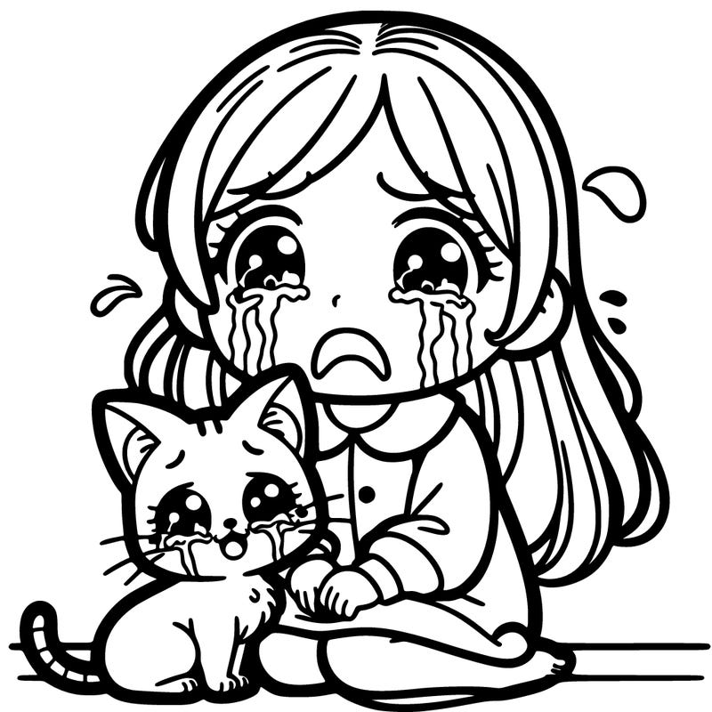 a girl crying with a cat
