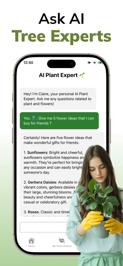 Tree Identifier AI: ID Trees - Woman holding a plant using the AI tree expert chat for flower gift ideas