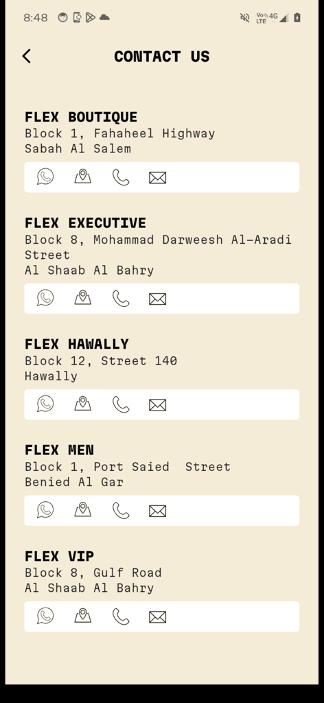 Flex Fitness - Contact page of Flex Fitness app listing addresses and contact options for Boutique, Executive, Hawally, Men, and VIP gym branches