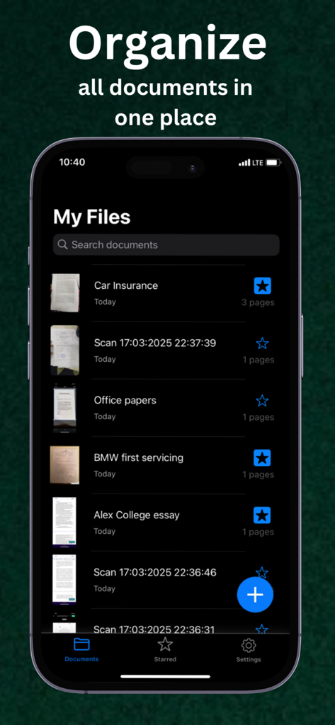 PDF Maker : Photos to PDF App - Interfaz que muestra una lista de documentos PDF organizados, incluyendo seguro de coche y ensayos universitarios en la sección Mis Archivos.