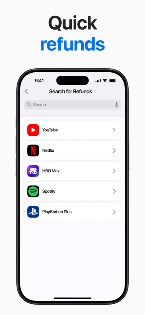 Search interface for obtaining refunds from popular subscription services like Netflix and Spotify.