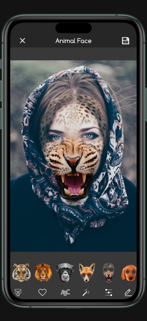 Animal Face changer funny pics - A photo edit showing a person with a roaring leopard face mask overlay using the Animal Face app