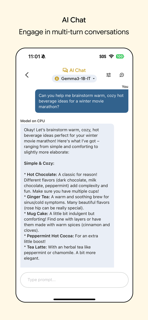 Google AI Edge Gallery - AI Chat feature in the Google AI Edge Gallery app displaying a conversation with an offline Gemma model