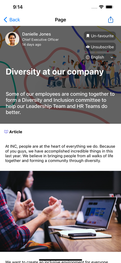 A company news article about diversity and inclusion displayed on the Interact mobile intranet app.