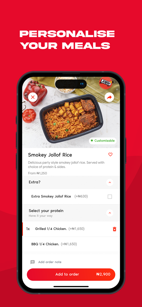 FoodCourt: Food Delivery+ - Mobile app interface showing personalization options for a Smokey Jollof Rice meal on FoodCourt
