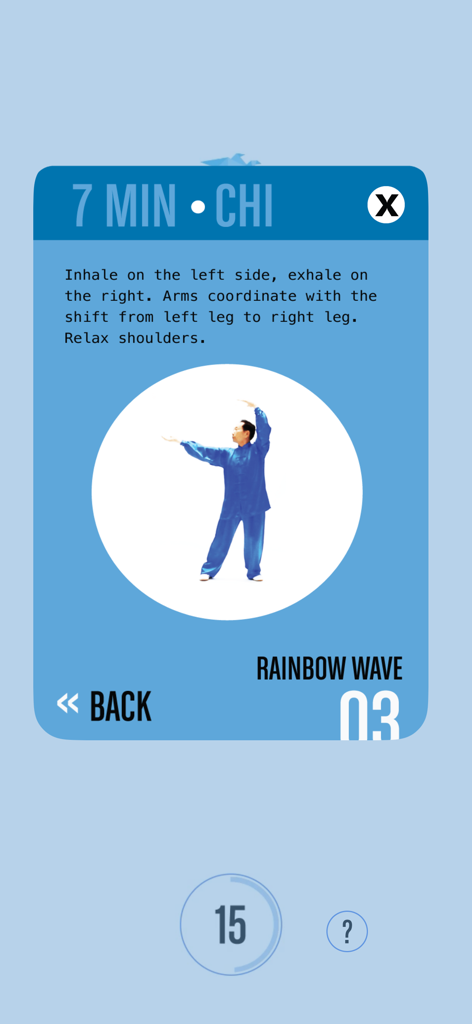 7 Minute Chi - Meditate & Move - Instructional screen for the Rainbow Wave Tai Chi move in the 7 Minute Chi app