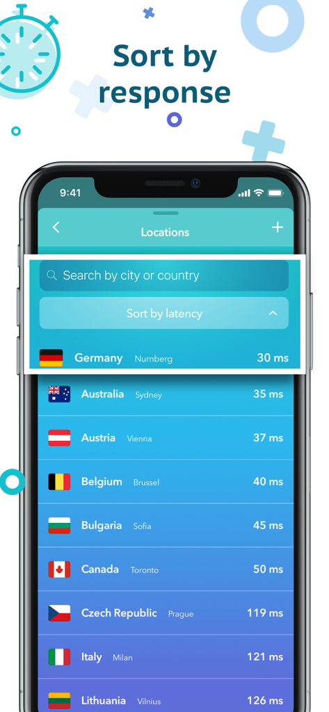 Secure VPN & Proxy by Snowd - iPhone screen displaying a list of VPN server locations including Germany and Australia sorted by latency in milliseconds