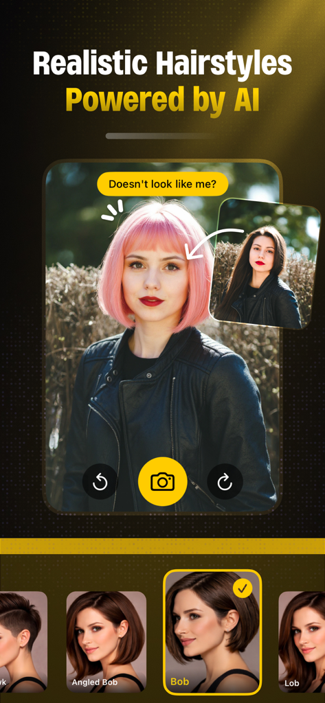Hair Color & Style Changer AI - Interface of StyleGen AI app showing a realistic pink hair color and bob hairstyle transformation.