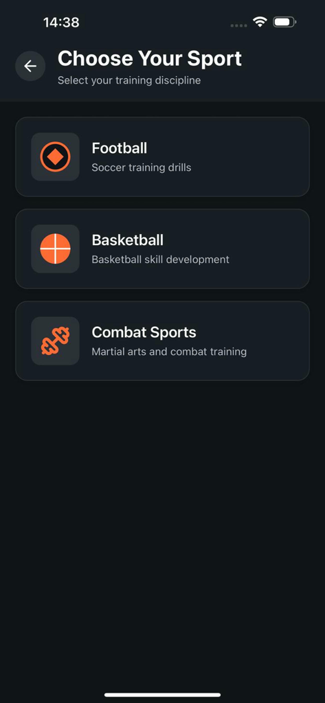 TrainZone - Interface do aplicativo TrainZone mostrando opções para selecionar Futebol, Basquete ou Esportes de Combate para treinamento.