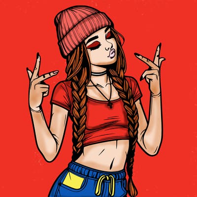 realistic teenage girl with braids and a beanie and crop top doing 🫶🏼