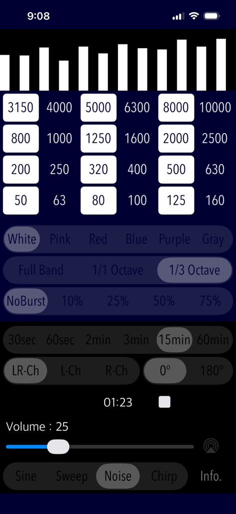 Oberfläche zur Auswahl von Oktavbandfiltern und Rauschtypen in Audio Tone Generator Plus