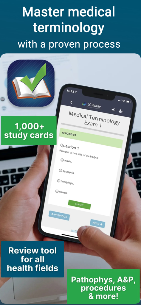 Med Term Review - A smartphone displaying a medical terminology practice exam within the Med Term Review app.