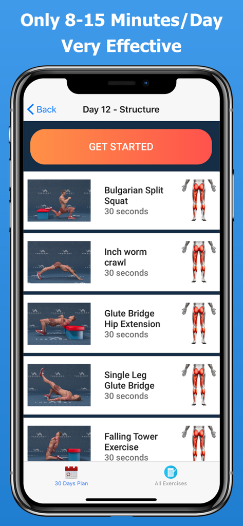 Leg workout app screen showing a daily exercise routine with 3D animations and muscle target diagrams
