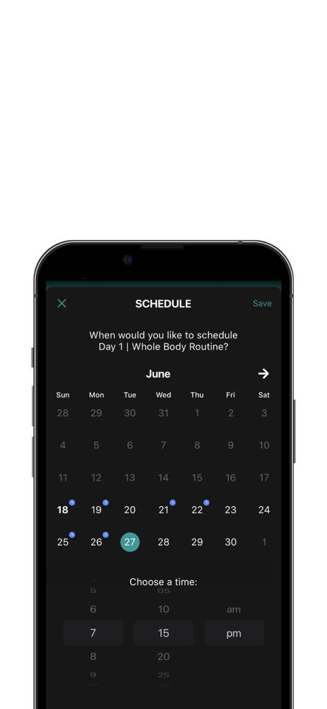 Dynamic Triathlete - Mobile app screen showing a calendar and time selector for scheduling a whole body mobility routine
