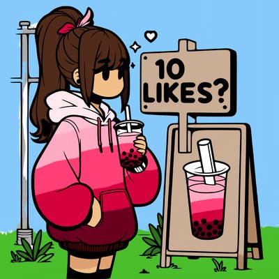 girl with oversized hoodie drinking boba and she has a high ponytail with a sign that says 10likes?