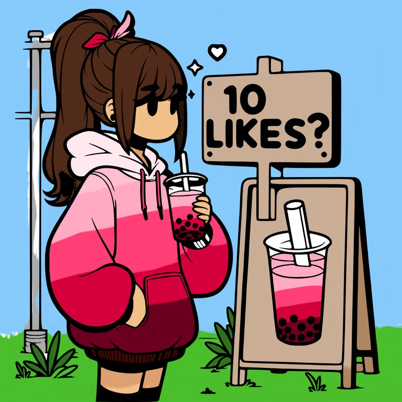 girl with oversized hoodie drinking boba and she has a high ponytail with a sign that says 10likes?