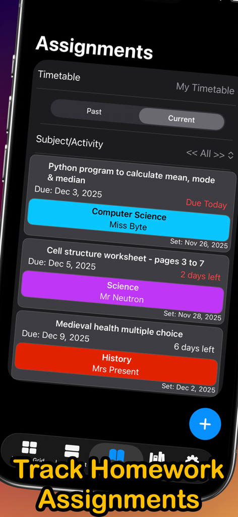 School Timetable Pro Schedule - Mobile app interface displaying a list of school homework assignments with due dates and color coded subjects