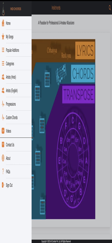 Sidebar navigation menu of Indichords app showing music categories artists and chord progression tools