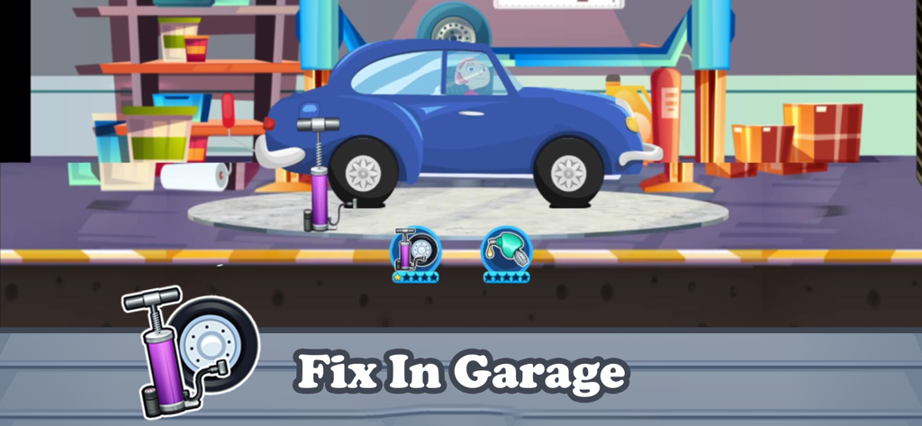 Car Wash Games: Little Carwash - Um carro azul de desenho animado dentro de uma garagem sendo reparado com um ícone de bomba de pneu.