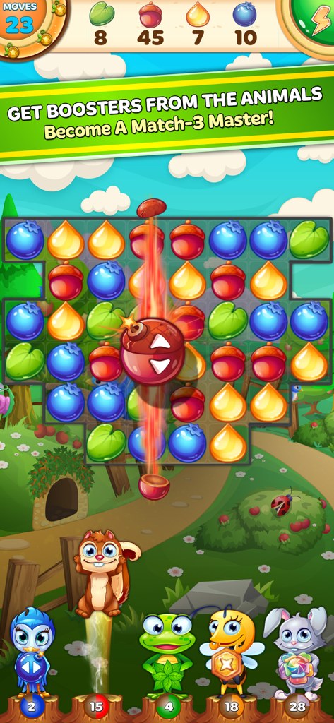 Forest Rescue: Match 3 Puzzle - Forest Rescue Match 3 puzzle board featuring colorful fruit tiles and cute forest animals.