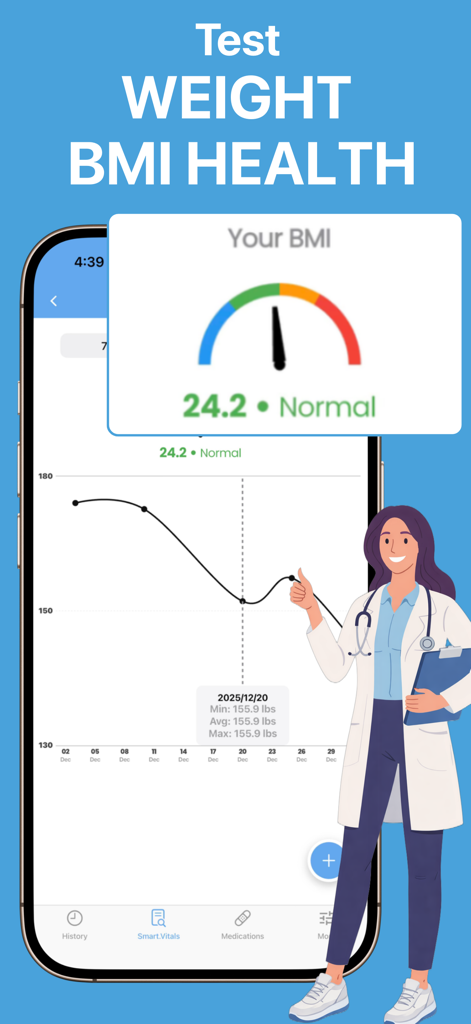 Blood Sugar Monitor Free of ad - Interfaz de la aplicación Sugar Monitor que muestra un gráfico de tendencia de peso y un medidor de IMC que indica un estado de salud normal