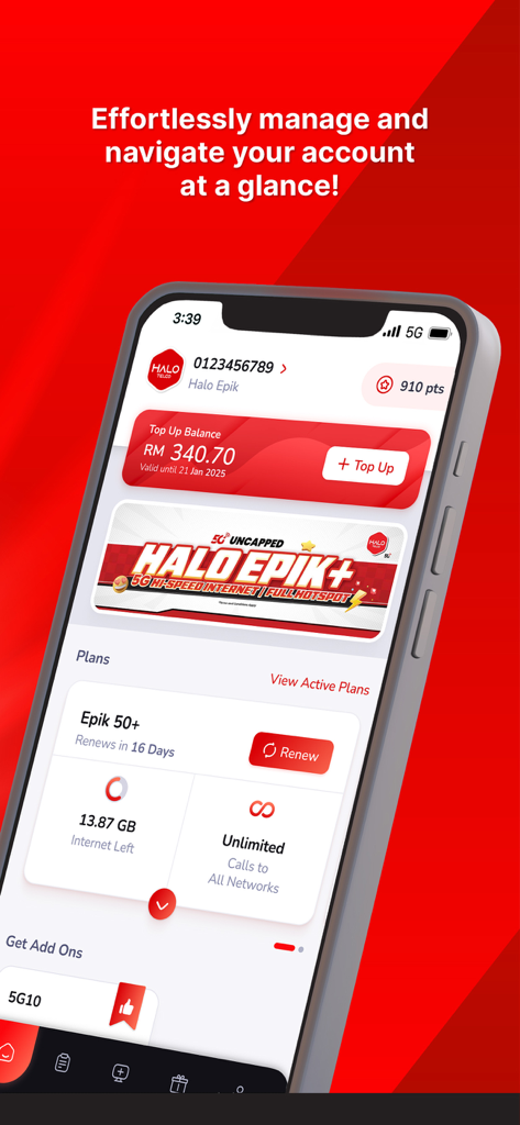 Halo Telco - Halo Telco mobile app interface showing account balance internet usage and active plans