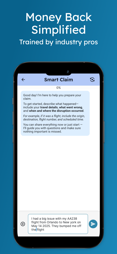 RefundMe AI travel claims - RefundMe AI app chat interface for submitting travel claims