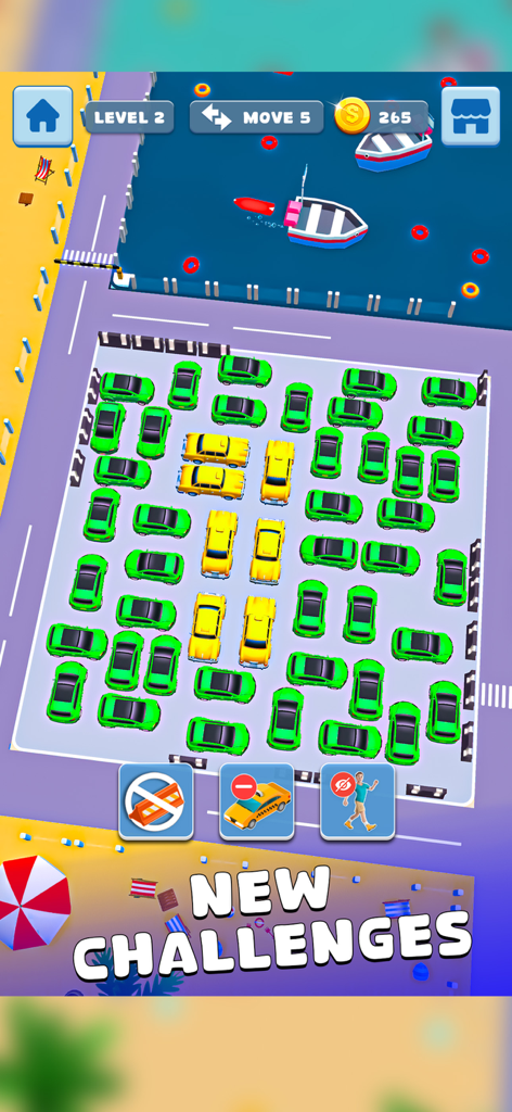 Car Jam Vehicle Escape - Vista de arriba hacia abajo de un puzzle de escape de estacionamiento de coches que presenta coches verdes y amarillos en un lote abarrotado cerca de un puerto.